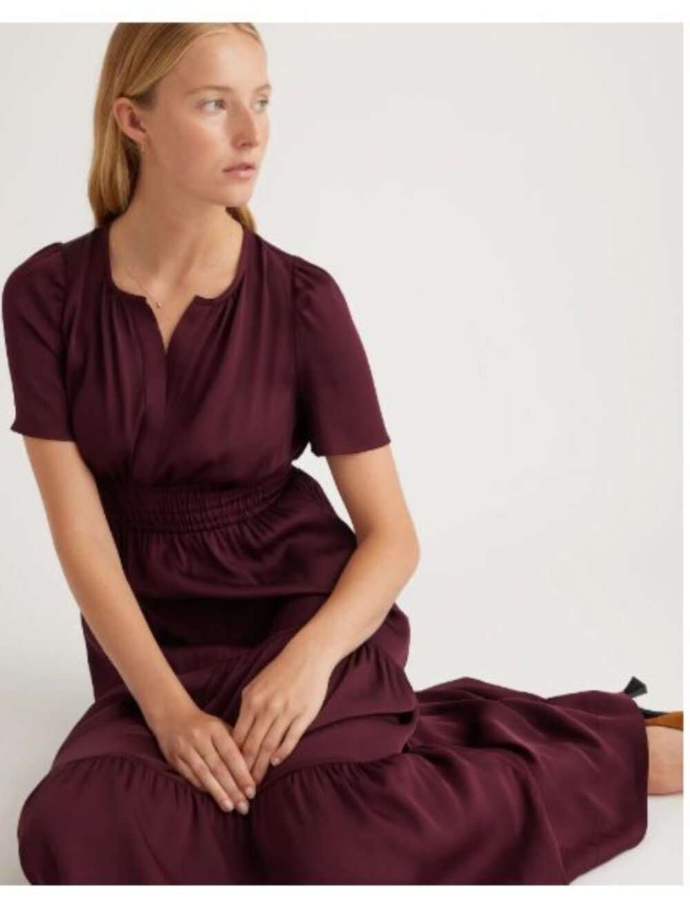NWT $180 Quince Wine Tasting Burgundy 100% Stretch Silk Tiered Maxi Dress Small